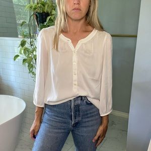 LOFT Puff Sleeve Blouse - White Three Quarter Sleeve